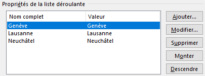 Boîte de dialogue d'une liste déroulante