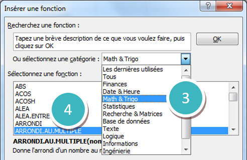 Boîte de dialogue pour insérer une fonction Excel